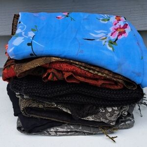 9Pcs Floral Blue Scarf and Assorted Fabric Bundle